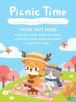 Kawaii Picnic Scene with Deer and Cat in a Spring Meadow. A kawaii style illustration of a deer and cat enjoying a peaceful picnic on a sunny spring day. vector