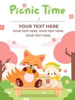 Cute Fox and Bunny Enjoying a Picnic on a Bench in a Springtime Park. vector