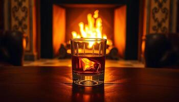 a glass of whiskey sitting on a table in front of a fireplace photo