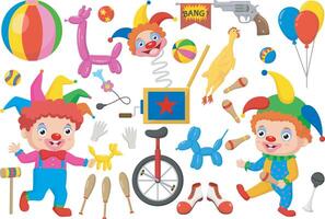 Cute joker with set of clown elements cartoon vector