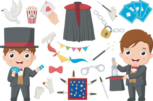 Cute magician kid with magic elements cartoon collection