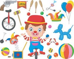 Cute joker with set of clown elements vector