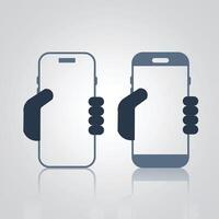 Hand holding smartphone icon, phone using left hand sign, with a silver background vector