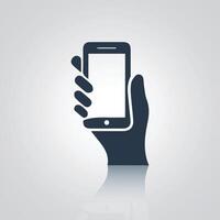Hand holding phone icon, smartphone using right hand sign, with silver background vector