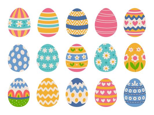 Retro Easter eggs set. Eggs with patterns of flowers, hearts, stripes. White background.