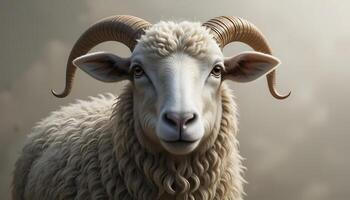 Close-up Portrait of a Ram with Large Horns Against Cloudy Sky photo