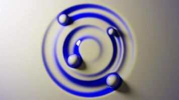 A 3D rendered abstract image featuring glossy white spheres floating above blue concentric ripple patterns on a smooth beige surface, creating a futuristic and fluid aesthetic loop animation video
