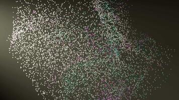 3D particle flow animation loop featuring countless small spheres in white, teal, and purple, dynamically dispersing in an organic motion against a dark background, creating a futuristic effect. video