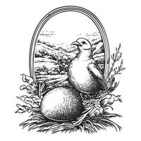 A black and white drawing of a bird sitting on a nest vector