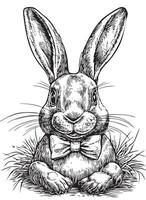 A black and white drawing of a rabbit with a bow tie vector