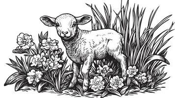A black and white drawing of a lamb in the grass vector
