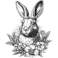 A black and white drawing of a rabbit with flowers vector