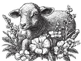 A black and white drawing of a sheep in the grass vector