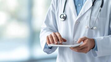 Remote work offers flexibility and enhances productivity. A healthcare professional in a white coat uses a tablet, showcasing the integration of technology in modern medicine and patient care. photo