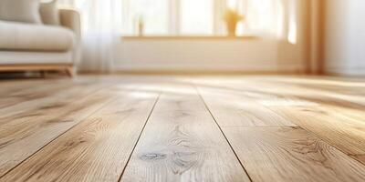 A warm, sunlit room featuring wooden flooring and a cozy sofa, creating an inviting and serene atmosphere. photo
