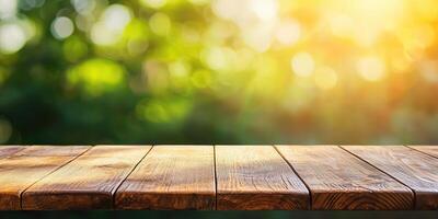 A mockup wooden table stands in the foreground, illuminated by warm sunlight against a blurred green background, creating a serene outdoor atmosphere. photo