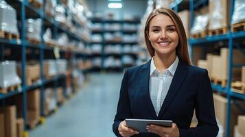 Entrepreneurial skills drive innovation and business success. A smiling woman in business attire stands in a warehouse, holding a tablet, surrounded by shelves of boxes. photo