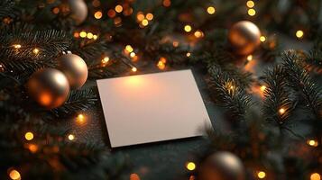 Blank Christmas card mockup, holiday lights theme photo