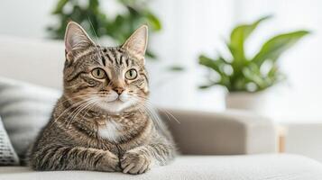 A domestic tabby cat relaxes on a light sofa, surrounded by greenery, showcasing its curious expression and peaceful demeanor. photo