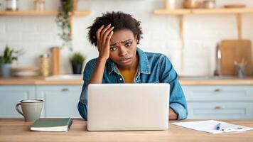 Remote work offers flexibility and enhances productivity. A woman looks stressed while working on a laptop at home, reflecting feelings of frustration and overwhelm in a cozy kitchen setting. photo