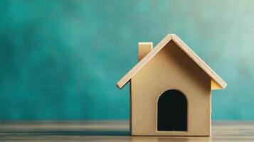 A small wooden house model sits on a surface against a soft, blurred teal background, suggesting themes of home, warmth, and comfort. photo