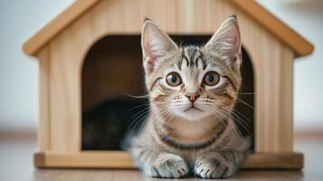 A curious kitten peeks out from its cozy wooden house, exuding charm and playfulness. photo