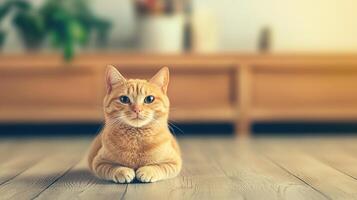 A playful orange cat lies contentedly on a wooden floor in a cozy room, surrounded by soft natural light and minimalistic decor. photo