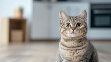 A curious cat sits in a cozy, modern home, blending charm and playfulness with its big eyes and striped fur. photo