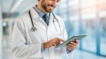 Remote work offers flexibility and enhances productivity. A smiling doctor in a white coat uses a tablet in a modern healthcare setting, conveying professionalism and technological integration. photo