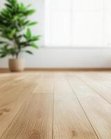 A warm, inviting room featuring wooden flooring and a potted plant, with sunlight filtering through a window. photo