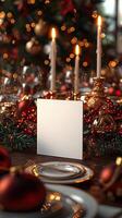 Blank Christmas card surrounded by a holiday table centerpiece elegant dining decor photo
