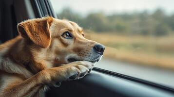 Proper ventilation ensures safe and comfortable dog travel. A dog gazes out of a car window, enjoying the scenery and the breeze while on a journey. photo