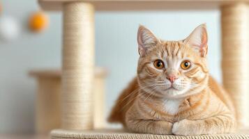 A charming orange cat relaxes on a scratching post, exuding curiosity and playfulness in a cozy indoor setting. photo