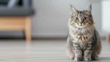 A fluffy cat sits on a wooden floor, gazing curiously with large eyes in a cozy, modern living space. photo