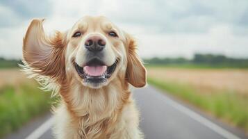 Proper ventilation ensures safe and comfortable dog travel. A cheerful golden retriever smiles happily on a scenic country road, surrounded by lush greenery and a cloudy sky. photo