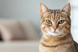 A close-up image of a tabby cat with striking green eyes, showcasing its curious expression against a soft background. photo
