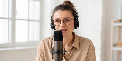 Remote work offers flexibility and enhances productivity. A woman with glasses speaks into a microphone while wearing headphones, set against a bright and airy indoor backdrop. photo