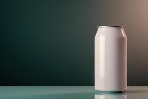 A minimalist image of a blank white can mockup on a reflective surface against a softly lit green background. photo