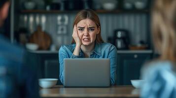 Remote work offers flexibility and enhances productivity. A woman appears stressed while working on her laptop, expressing frustration and concern in a homey, casual setting. photo
