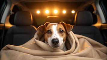Ensure your dog's comfort during every car ride. A cozy dog wrapped in a blanket sits in a car, illuminated by warm lights, exuding comfort and companionship. photo