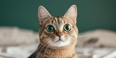 A curious tabby cat gazes intently, showcasing its striking green eyes against a soft, neutral background. photo