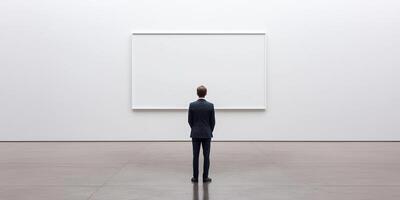 A man in a suit stands before a blank wall in a minimalist gallery, reflecting on the absence of art and the space's emptiness. photo