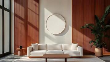 A modern, minimalist living room featuring a white sofa, wooden accents, and a round wall art piece, creating a serene and stylish atmosphere. photo