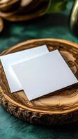 two blank white card sitting on top of a wooden platter photo