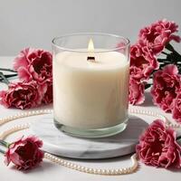 A serene arrangement featuring a lit candle surrounded by pink carnations and pearls, creating an inviting, tranquil atmosphere. photo