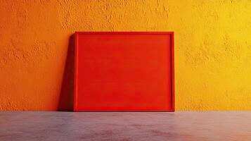 A vibrant orange wall features a bold red rectangular frame resting on a gray surface, creating a striking contrast in colors and textures. photo
