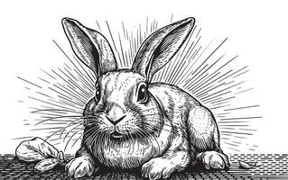 A black and white drawing of a rabbit sitting on the ground vector