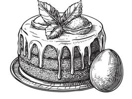 A drawing of a cake with icing and a green leaf vector
