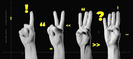 Halftone Effect Illustration of Four Hands Showing Different Finger Gestures in Vintage Pop Art Style vector