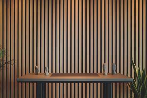 A table with a vase on it in front of a wall photo